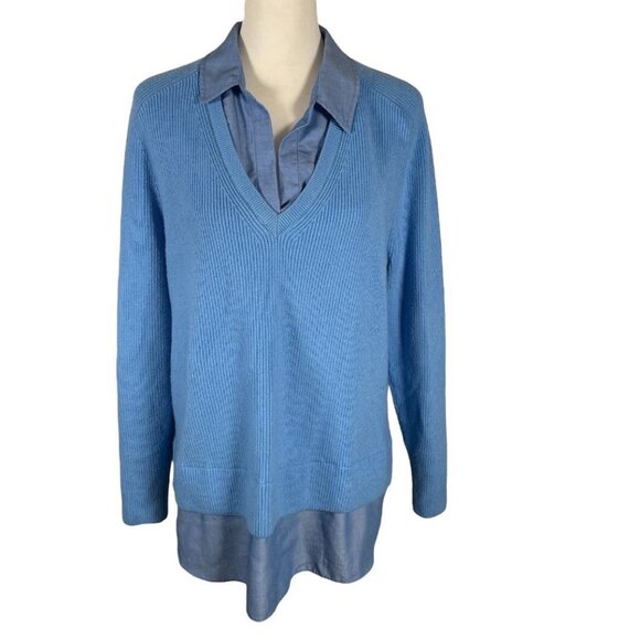 Ann Taylor Twofer Sweater Women Large Blue Knitted Slim Fit Long Sleeve Collared - Picture 1 of 16
